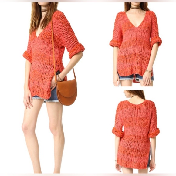 New Free People Women’s Sweater Georgia V-neck Tunic 2 Sleeve Size Small Red$148 - Picture 2 of 14